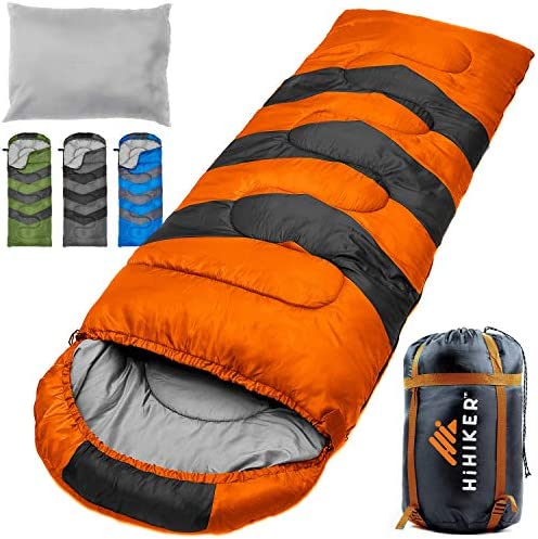 HiHiker Camping Sleeping Bag + Travel Pillow w/Compact Compression Sack – 4 Season Sleeping Bag for Adults & Kids – Lightweight Warm and Washable, for Hiking Traveling.
