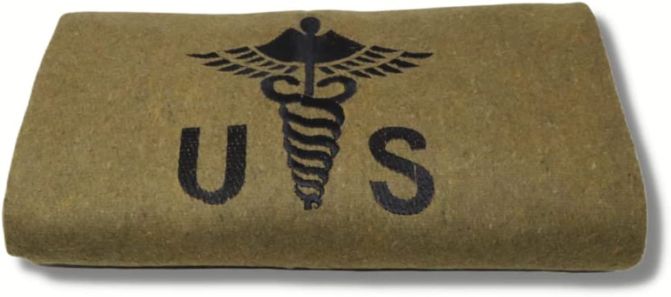 M MCGUIRE GEAR Military Style Wool Camping, Survival, and First Aid Blanket, 64" x 90", Embroidered Caduceus Logo, Olive Drab