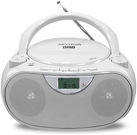 Nextron Portable Bluetooth CD Player Boombox with AM/FM Radio Stereo Sound System, Playback CD/MP3/WMA, USB & AUX Ports, Headphone Jack, LCD Display, AC/DC Operated, White