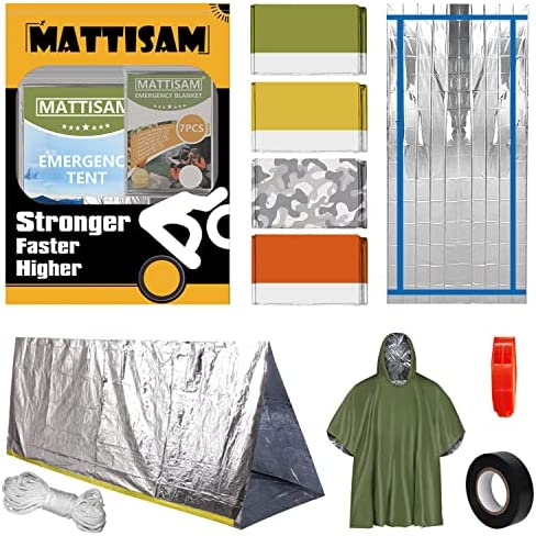 MATTISAM Emergency Mylar Thermal Blankets [7 Pack • Huge] + Emergency Rain Poncho + Survival Tent + Sleeping Bag, Gold Foil Space Blanket for Outdoors Camping Hiking Marathons, Retains 90% of Heat