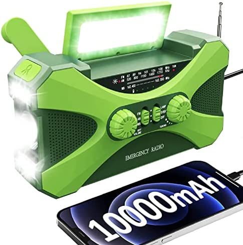 【2023 Newest】 10000mAh Emergency Hand Crank Radio,AM FM NOAA Weather Alert Radio,Survival Solar Powered Radio with Super Bright Flashlight,Phone Charger,SOS Alarm,Outdoor Emergency (Green)