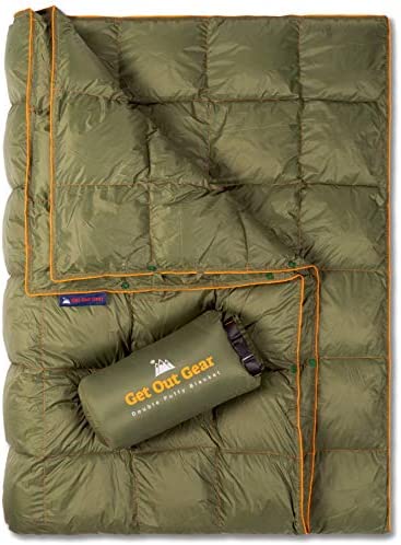 Get Out Gear Double Puffy Camping Blanket – Extra Puffy, Packable, Lightweight and Warm | Ideal for Outdoors, Travel, Stadium, Festivals, Beach, Hammock | Water-Resistant Camp Quilt (Olive/Orange)