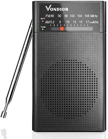 Vondior AM FM Radio – Best Reception and Longest Lasting. AM FM Battery Operated Portable Pocket Player Operated by 2 AA Battery, Mono Headphone Socket (Black)