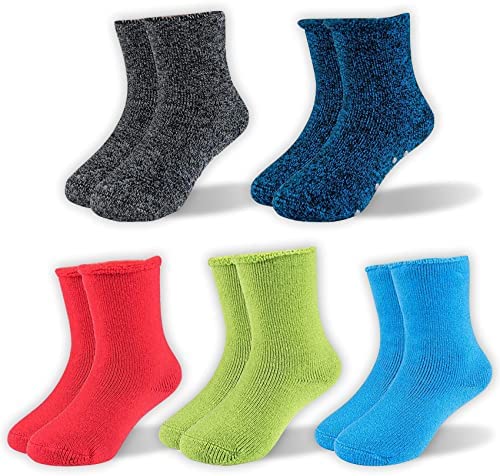 HOT FEET Toddler Boys and Girls 5 Pack Crew Warm Thermal Socks w/Soft Thick Brushing Inside