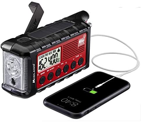 Midland – ER310, Emergency Crank Weather AM/FM Radio – Multiple Power Sources, SOS Emergency Flashlight, Ultrasonic Dog Whistle, & NOAA Weather Scan + Alert (Red/Black)