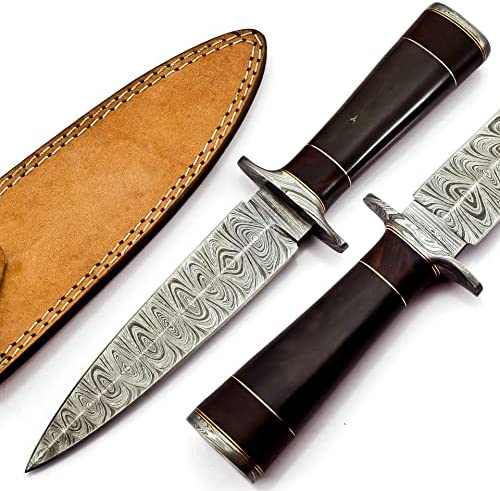 Nooraki DK-347 Handmade Damascus Steel Fixed Blade Dagger Knife with Leather Sheath, Multipurpose Knife with Coloured Bone and Rosewood Handle for Hunting, Hiking, Camping, Survival, 11 length