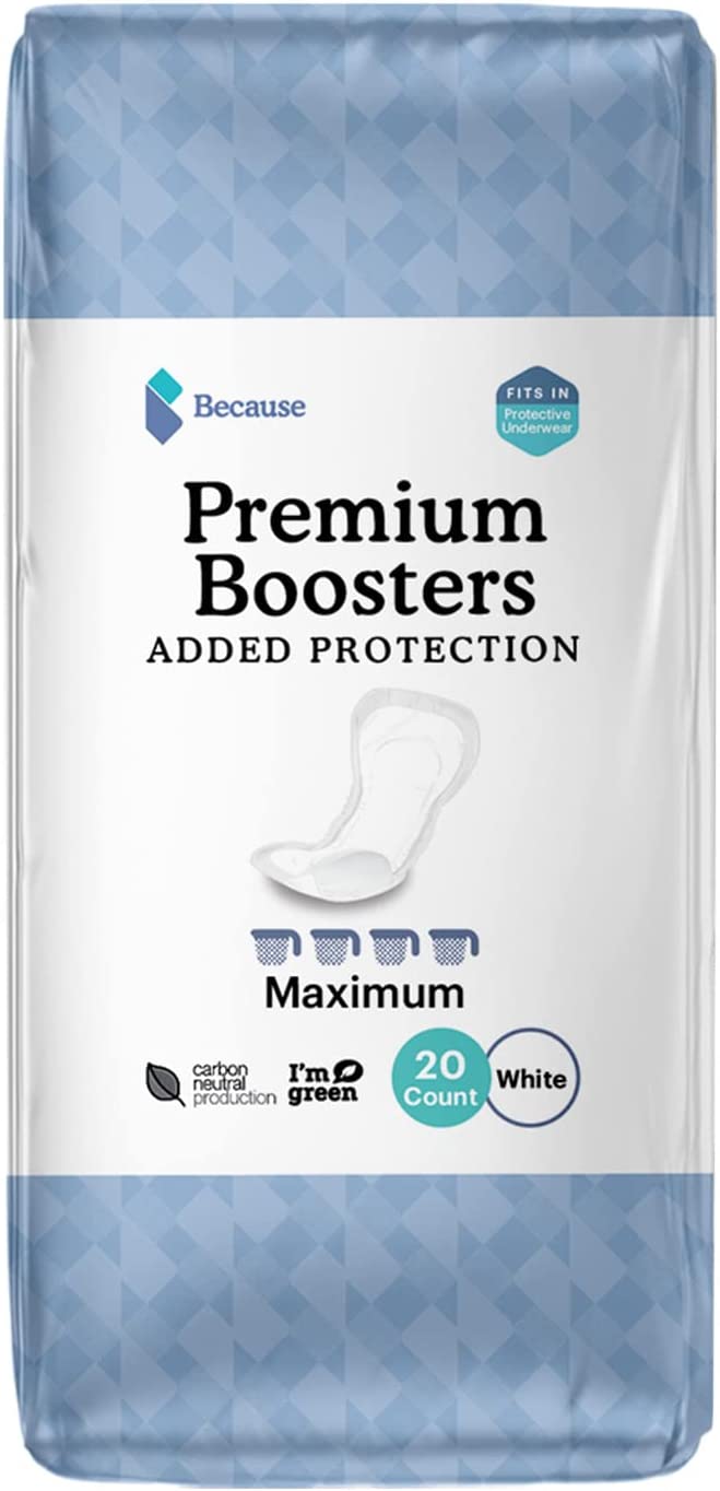 Because Premium Incontinence Boosters – Add Extra Absorbency to Adult Diapers – Super Absorbent, Soft, Contoured Fit – Unisex – 20 Boosters