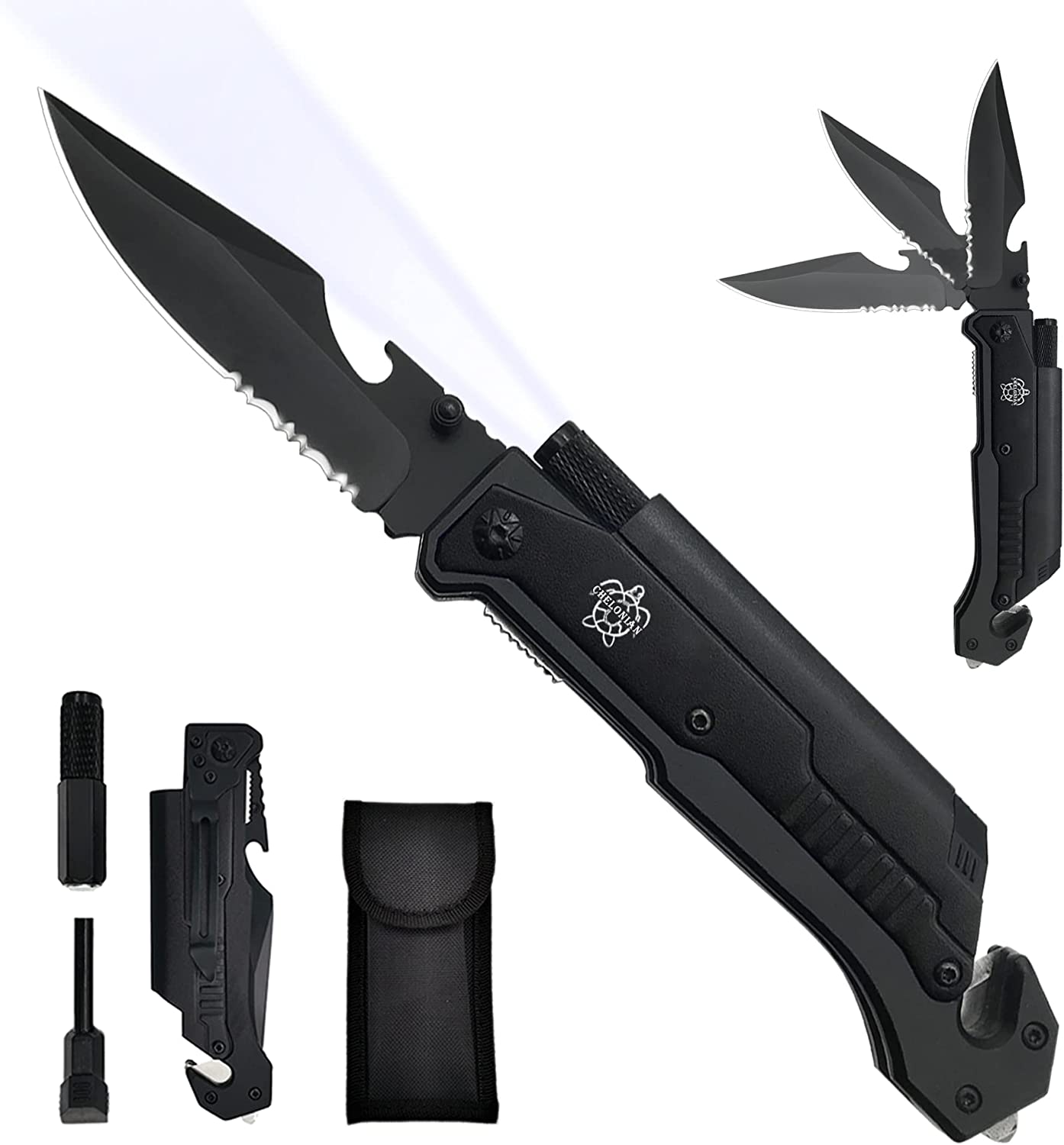 CHELONIAN 8.5" Military Outdoor Hunting Camping Pocket Knife, 7 in 1 Multi-Function Folding Knives with Fire Starter LED Light Seatbelt Cutter Glass Breaker Bottle Opener Tactical Blade (Black)