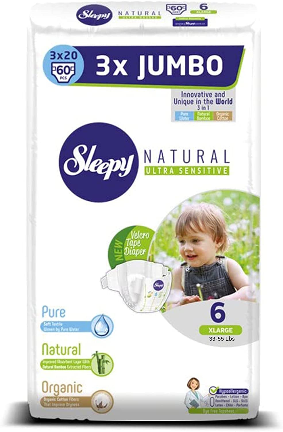 SOHO|Sleepy 3X Jumbo Natural Baby Diapers, Made from Organic Cotton and Bamboo Extract, Ultimate Comfort and Dryness, Diapers 60 Count – Size 6 XL Diapers, Child Weight 15-25 kgs (Size 6 XL)