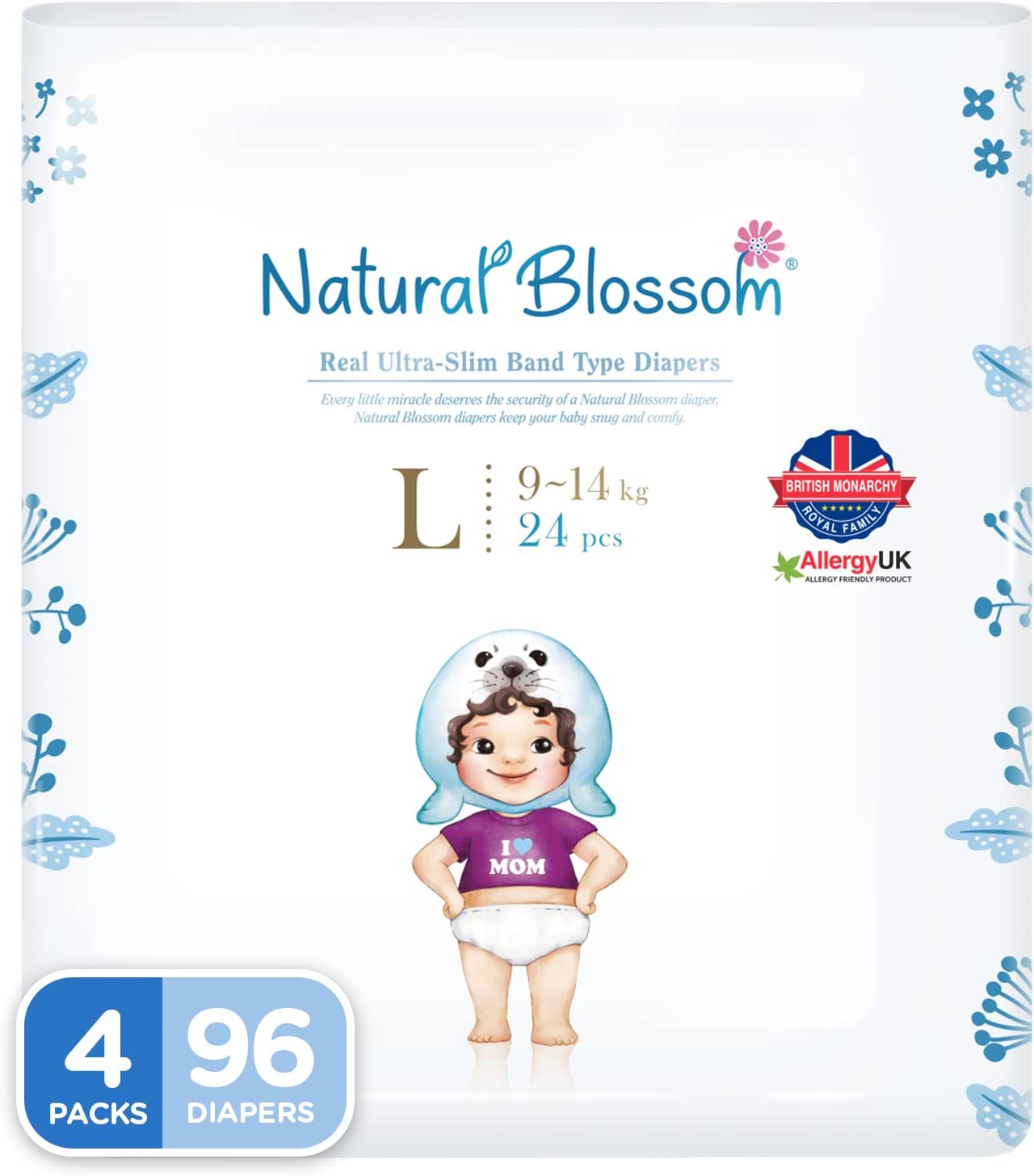Natural Blossom Diapers | Size 3 (20-31 lbs) | 96 Count (24ea*4packs) | Vegan – Disposable – Super Soft – Hypoallergenic – Ultra-Slim – for Sensitive Skin