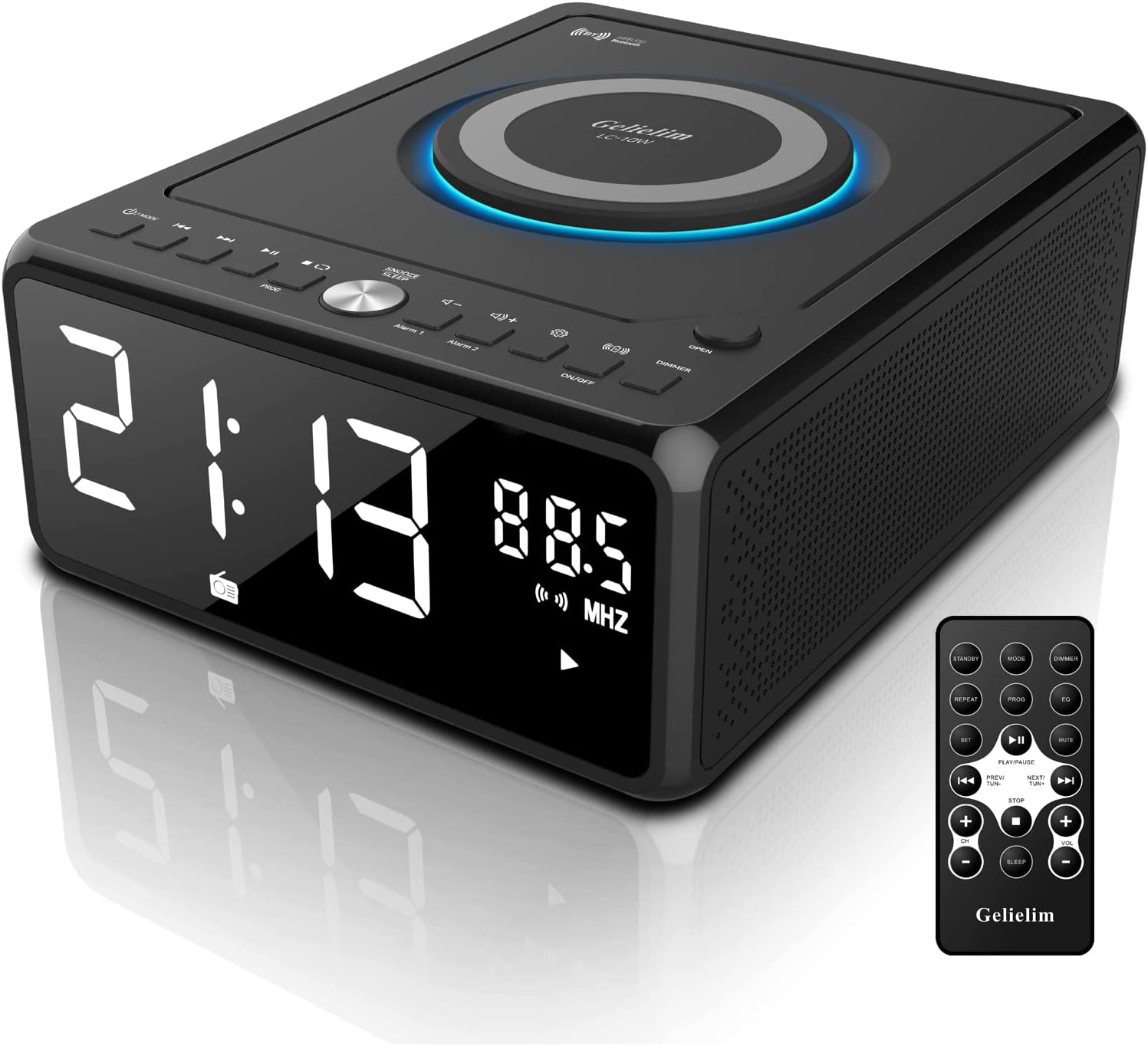 Gelielim CD Clock Radio, CD Player Boombox with Remote, Dual Alarm Clock with Wireless Charging, Clock Radios with Bluetooth for Bedroom, Sleep & Snooze, MP3/USB Music Player, Dimmable LED Display