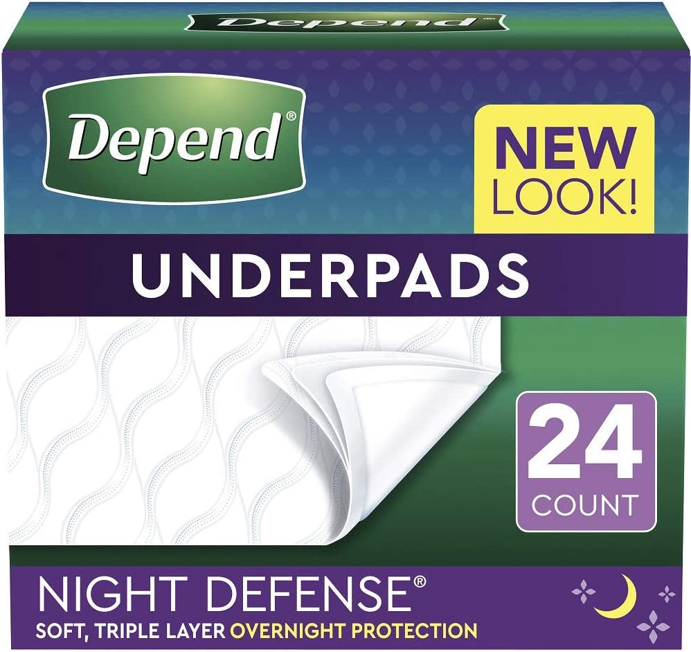Depend Underpads (Formerly Bed Protectors) for Incontinence, Disposable, 36"x 21", Slip Resistant, Overnight Absorbency, 24 Count (2 Packs of 12) (Packaging May Vary)