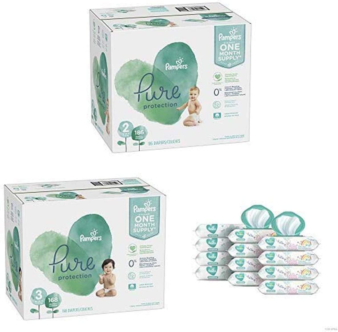 Pampers Bundle – Pure Disposable Baby Diapers Sizes 2, 186 Count & 3, 168 Count with Pampers Sensitive Water-Based Baby Wipes, 12 Pop-Top and Refill Combo Packs, 864 Count