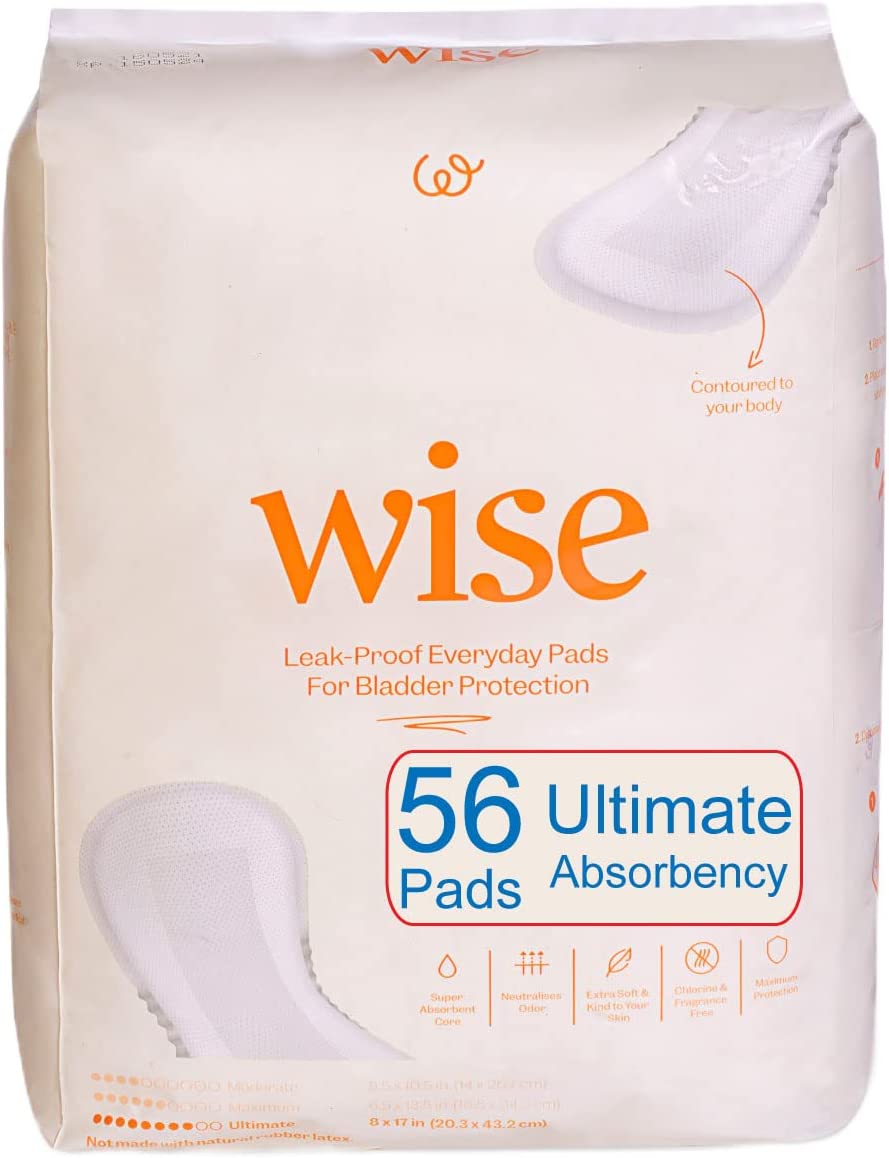 WiseWear Incontinence Pads For Women, Ultimate Absorbency, Discreet Bladder/Odor Control & Postpartum Pads, Long Length, 56 Count, (2 Packs of 28)