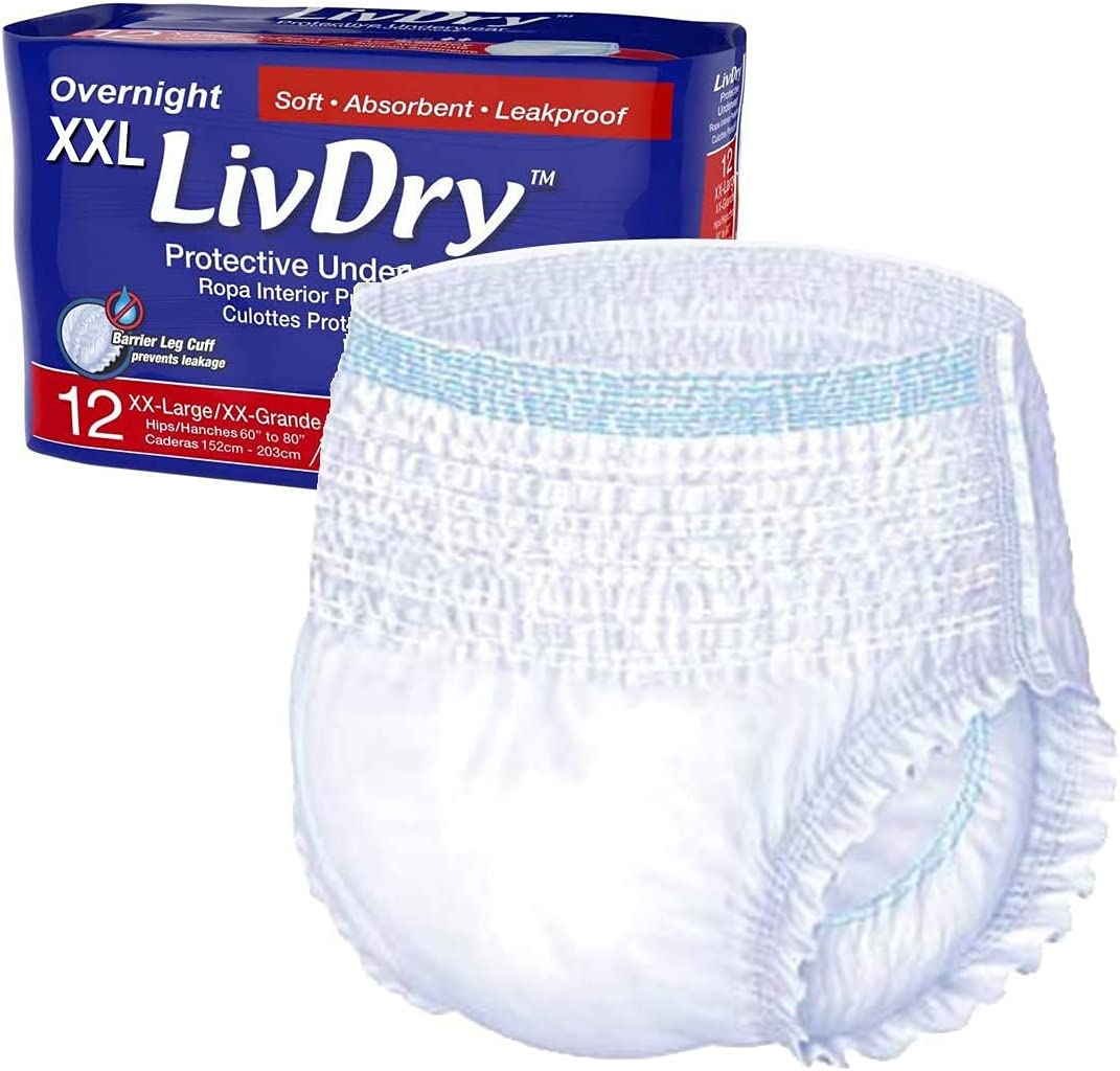 LivDry Adult XXL Incontinence Underwear, Overnight Comfort Absorbency, Leak Protection, XX-Large, 12-Pack