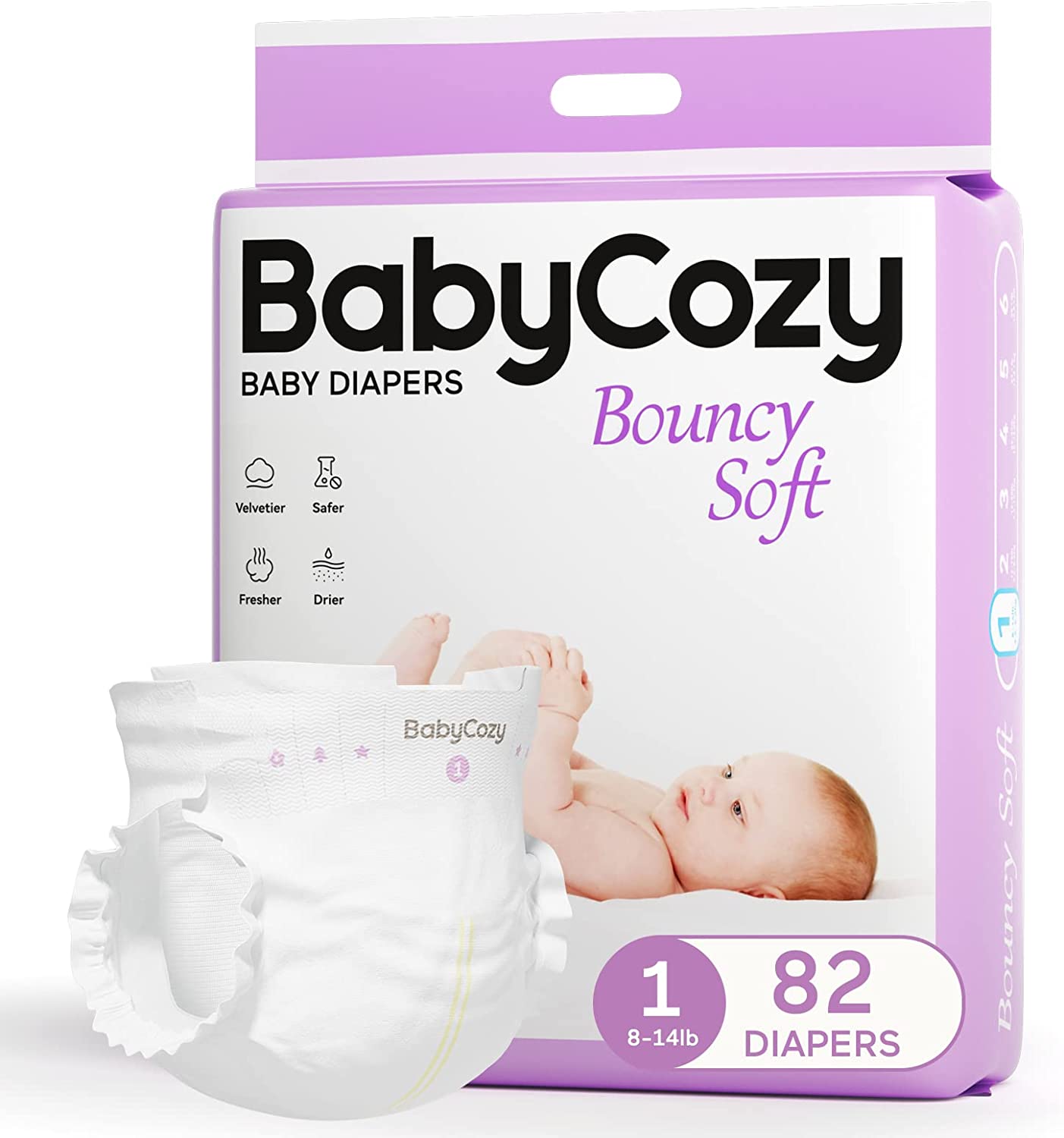 Newborn Baby Diapers Size 1(8-14lb) 82 Count,Babycozy Bouncy Soft Diapers Fit Baby Preemie, Dry Disposable Diapers Hypoallergenic Without Chlorine Safe for Sensitive Infant Skin