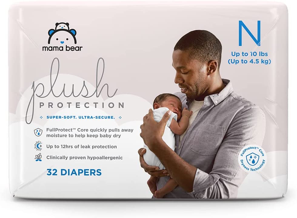 Amazon Brand – Mama Bear Plush Protection Newborn Diapers, Ultra-soft, Hypoallergenic, Dermatologist Tested, For Babies Weighing Up to 10 Pounds, Assorted Print, 32 Count