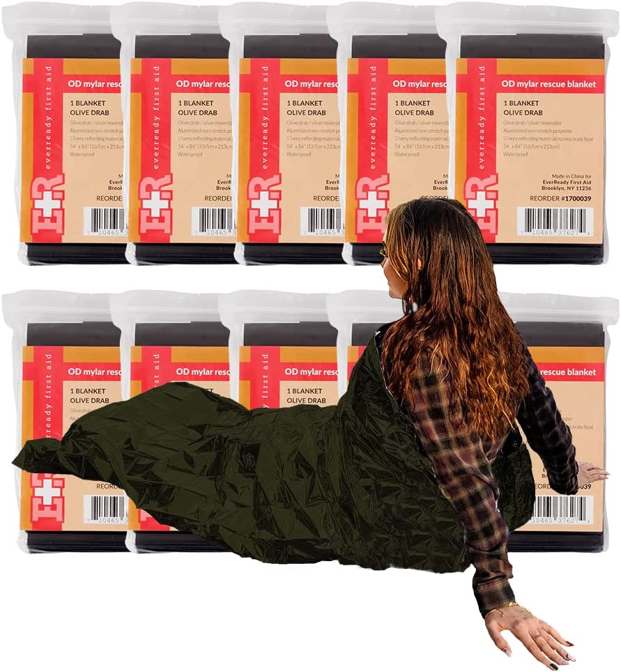 Ever Ready First Aid Mylar Rescue Blanket, Large Olive Thermal Sheet for Emergency and Survival, 54” x 84” – 10 Count