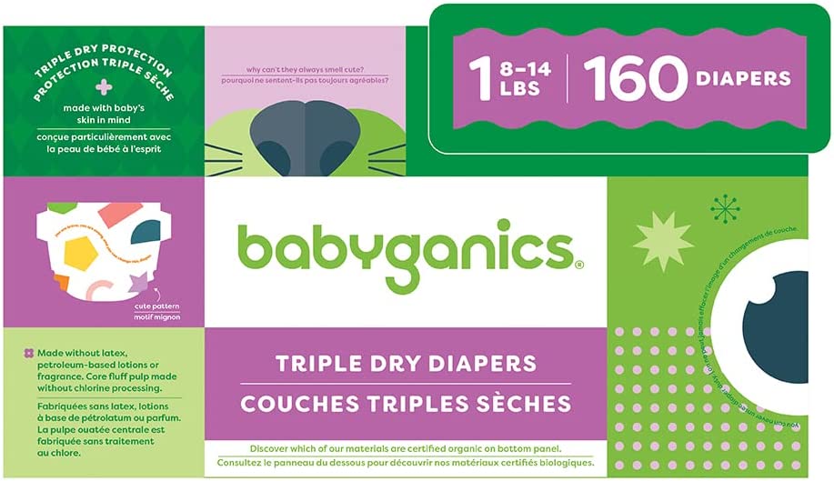 Babyganics Size 1, 160 count, Absorbent, Breathable, Triple Dry Protection Diapers
