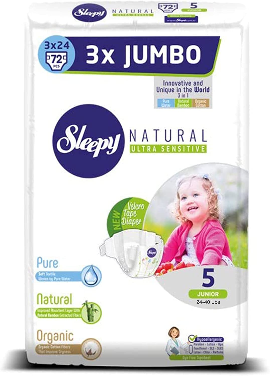 SOHO|Sleepy 3x Jumbo Natural Baby Diapers, Made from Organic Cotton and Bamboo Extract, Ultimate Comfort and Dryness, Diapers 72 Count – Size 5 Junior Diapers, Child Weight 11-18 kgs , (Size 5 Junior)