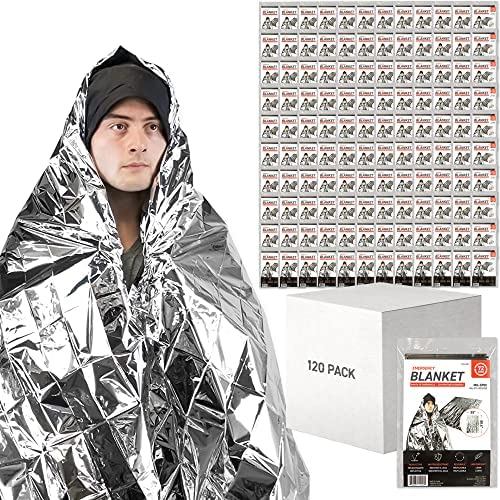 72 HRS Extra Large MIL-SPEC Emergency Mylar Thermal Blanket (Pack of 120) Heat Space Survival Blankets for Car, First Aid Kit, Hiking, and Shelter