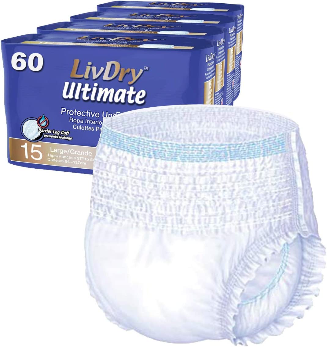 LivDry Ultimate Adult Incontinence Underwear, High Absorbency, Leak Cuff Protection, Large, 60-Pack