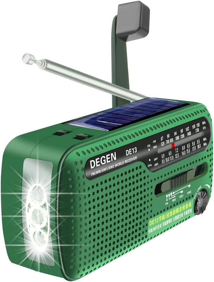 DEGEN DE13 FM AM SW Crank Dynamo Solar Power Bank Emergency Radio with LED Flashlight A0798A World Receiver
