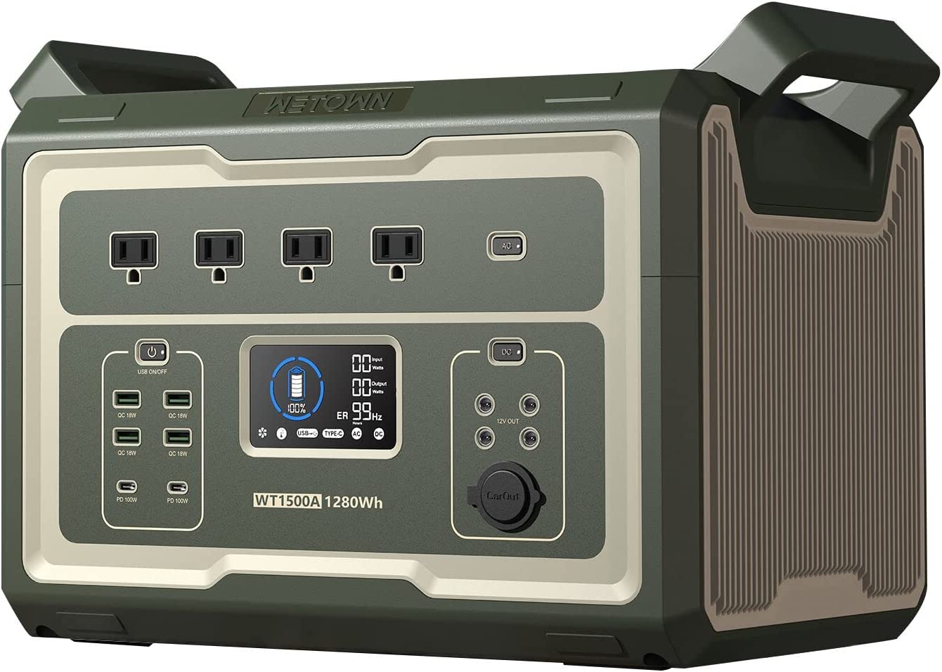 WETOWN Power Station 1500W Solar Generator 1280Wh UPS Battery LiFePO4 Power Station Portable Solar Powered Generators for Home Use Camping RV, 0-100% Fast Recharge in 85 Minutes, 4*AC & PD100W Outlets(1500W)