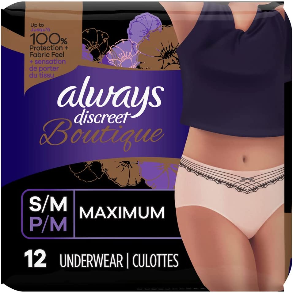 Always Discreet Boutique, Incontinence & Postpartum Underwear For Women, High-Rise, Size Small/Medium, Rosy, Maximum Absorbency, Disposable, 12 Count