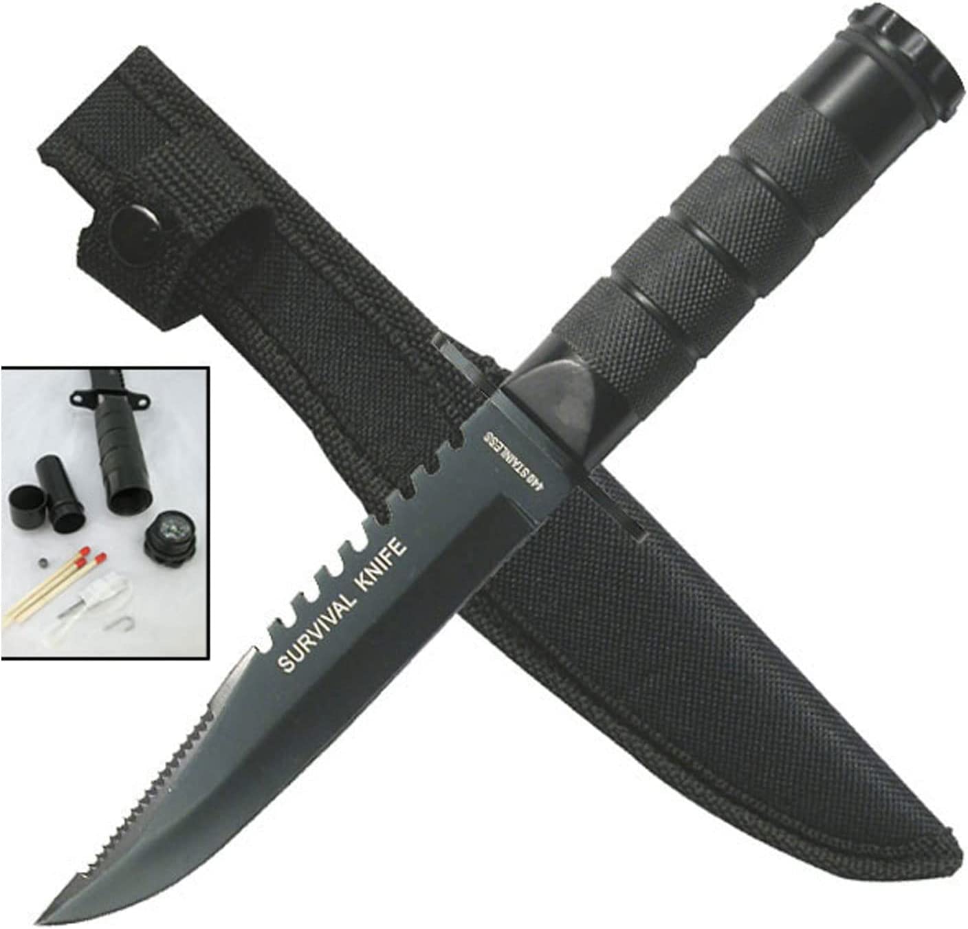 Survivor HK-690 Fixed Blade Survival Knife, Double Reverse Serrated Blade, Metal Handle, 8-1/2-Inch Overall