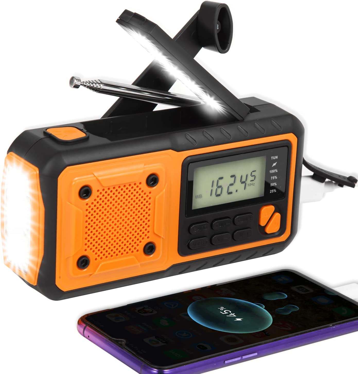 Emergency Solar Hand Crank AM/FM/WB/NOAA Weather Alert Portable Radio with Power Bank,LCD Display,Cellphone Charger, Headphone, Flashlight, Reading Lamp and SOS Alarm for Outdoor Camping (Orange)