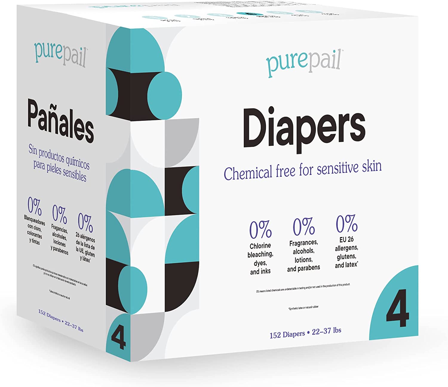 PurePail Disposable Diapers — Size 4 — 22-37 lbs — Chemical Free for Sensitive Skin — Unscented — Just Pure Fit — 152 Count