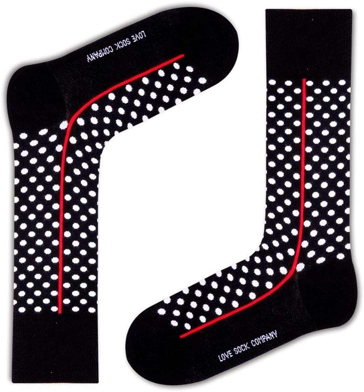 Men’s premium black and white polka dots dress socks. Groomsmen socks. Red Line Black