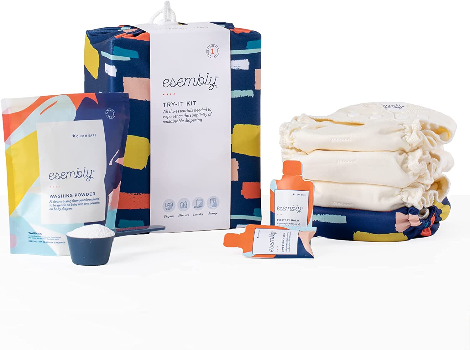 Esembly Cloth Diaper Try-It Kit, Starter Set of Organic, Reusable Diapers with Detergent, Diaper Cream and Diaper Bag – Eco-Friendly Diapering System, Brushstroke, Size 1