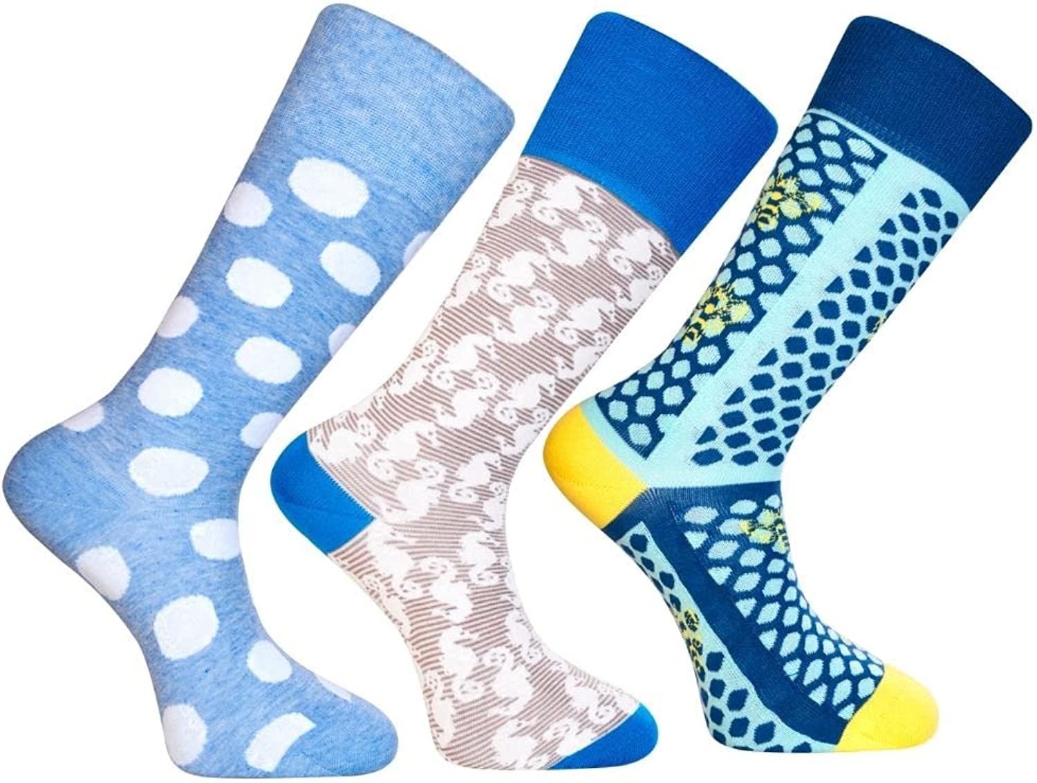 Love Sock Company 3 pairs Men’s Colorful Fun Patterned Organic Cotton Socks – Blue Funky Socks Bundle