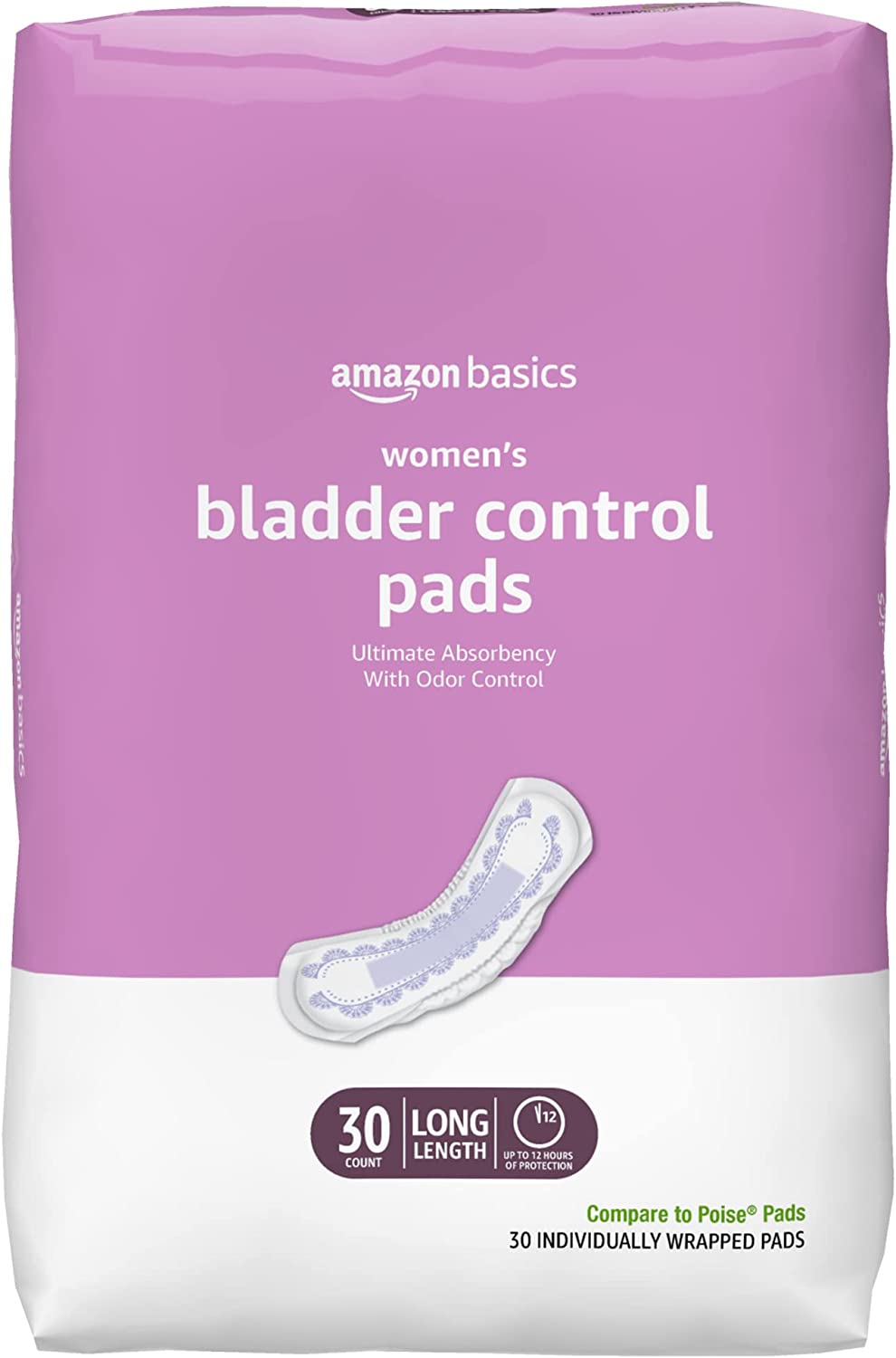 Amazon Basics Incontinence, Bladder Control & Postpartum Pads for Women, Ultimate Absorbency, Long Length, 30 Count, 1 Pack (Previously Solimo)