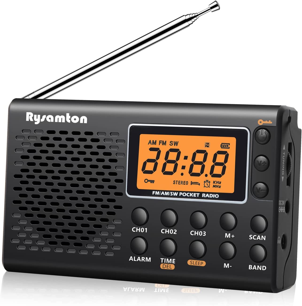 Rysamton Portable AM/FM/Shortwave Radio, Batteries Operated Pocket Radios, Large Digital Display, Clock Radio with Alarm and Sleep Function, Earphone Included