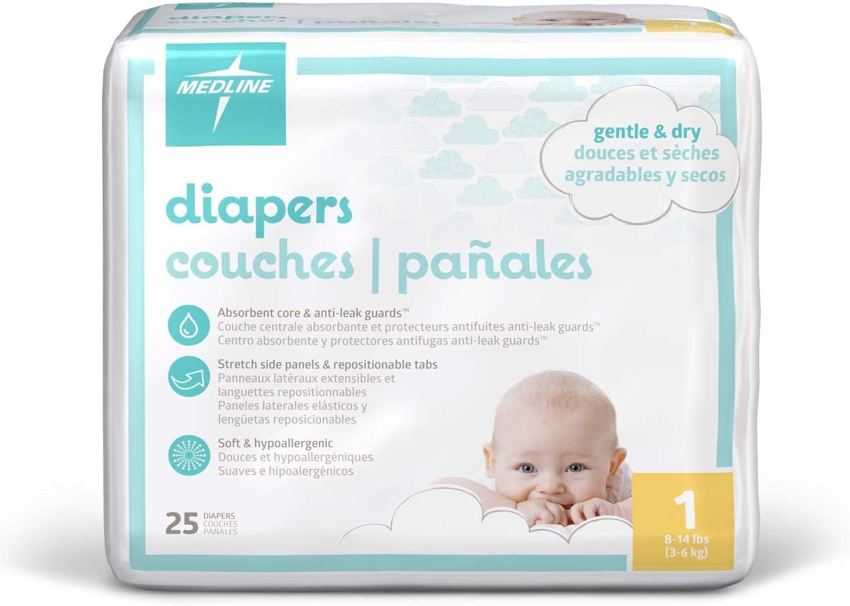 Medline MBD2001 Baby Diapers, Size 1, 8–14 lb. (Pack of 200)