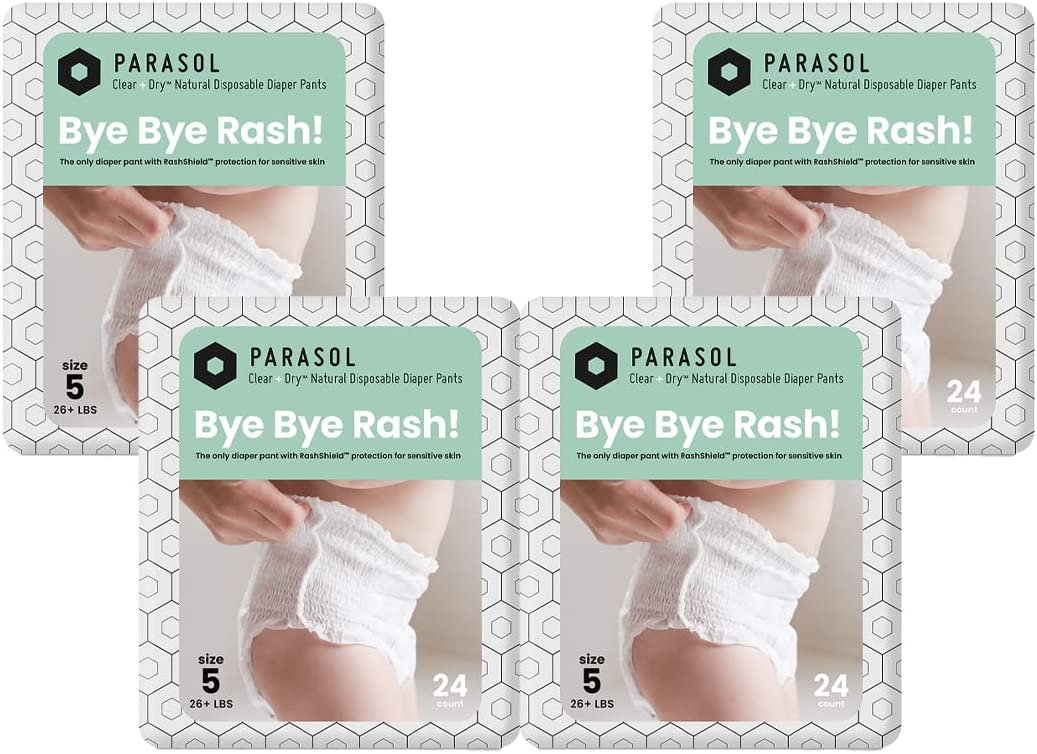 Parasol Clear+Dry™ Diaper Pants | Natural Training Diaper | Pure Ingredients, Water Based Ink, Non-Woven Fabric with Dermatest Excellent Seal | Rash Protection Diaper Set, Size 5 (26+ lbs.) 96 Count