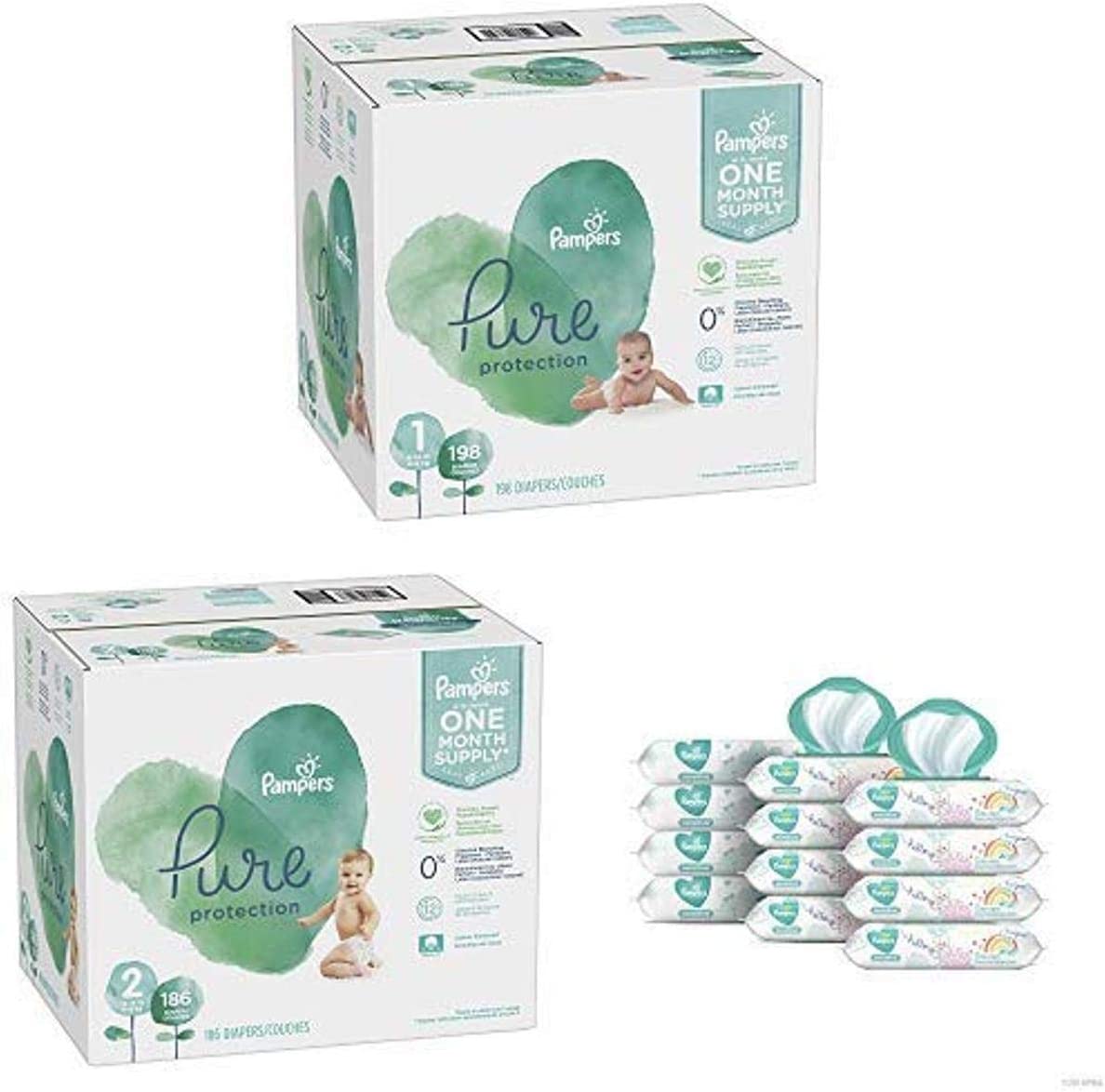 Pampers Bundle – Pure Disposable Baby Diapers Sizes 1, 198 Count & 2, 186 Count with Pampers Sensitive Water-Based Baby Wipes, 12 Pop-Top and Refill Combo Packs, 864 Count