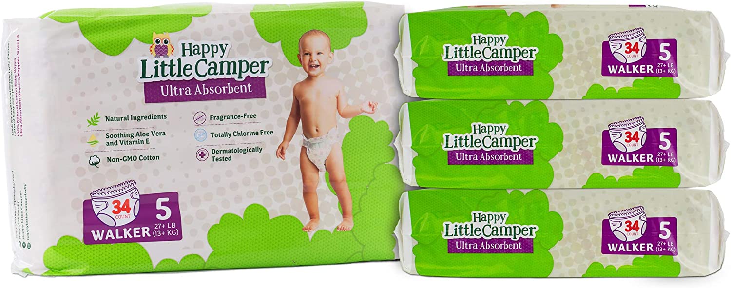 Happy Little Camper Ultra-Absorbent Hypoallergenic Natural Disposable Baby Diapers, Chlorine-Free Protection for Sensitive Skin, Monthly Pack, Size 5, 136 Count