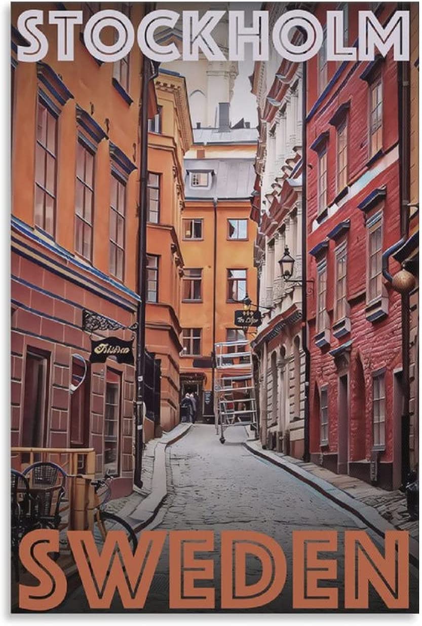 Stockholm Sweden Vintage Local Customs Alley Travel Posters Wall Art Canvas Modern Posters Prints Painting Pictures, Wall Decor for Wall Office Home Living Room Bedroom Decoration Gifts