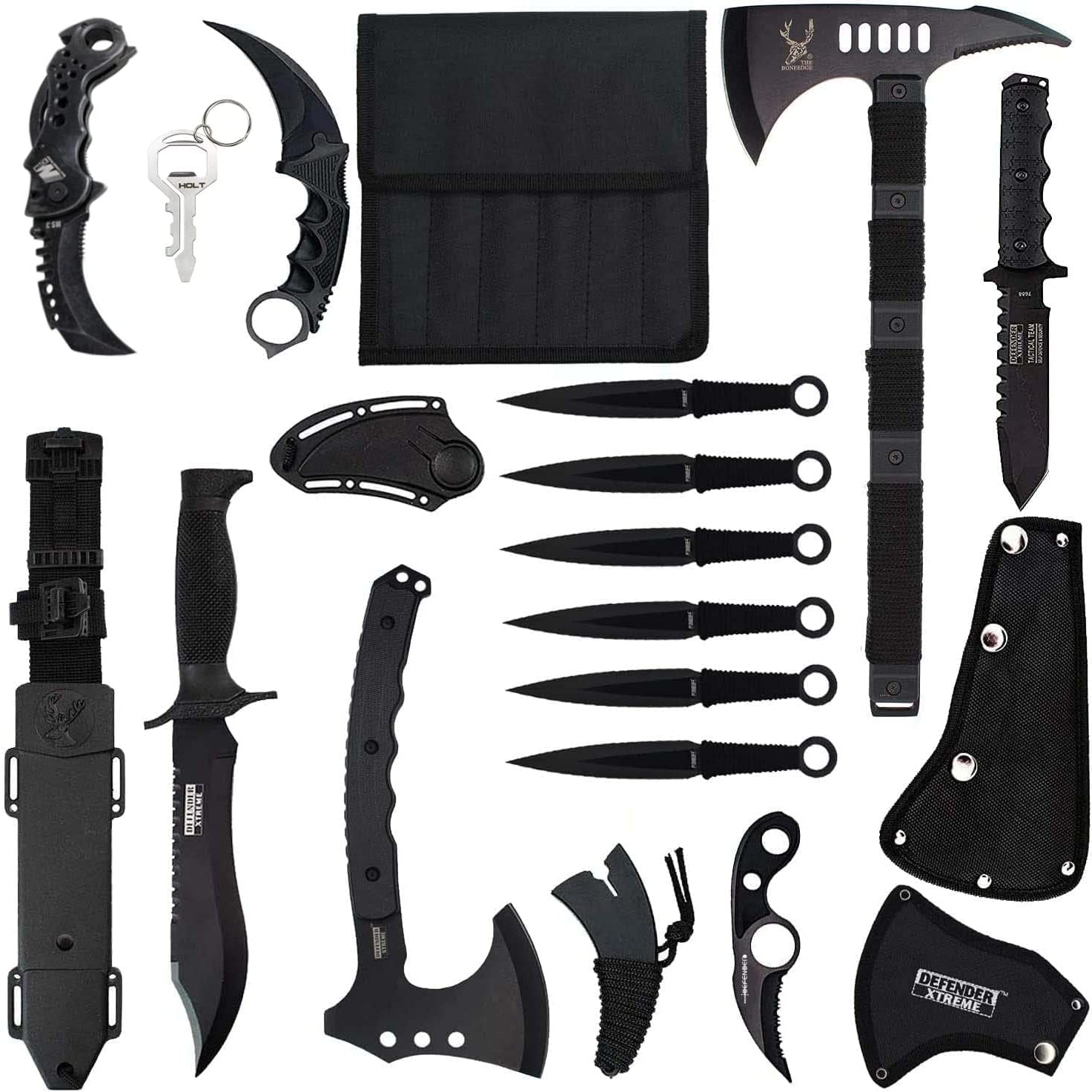 Blade Factory 15pc Tactical Survival Set| 2 Fixed Blade Knives | 2 Hatchet Axes| Fixed Karambit | Folding Karambit| Multitool Pocket Knife| Mini Neck Knife| 6 Throwing Knives | Holt Multitool Keychain
