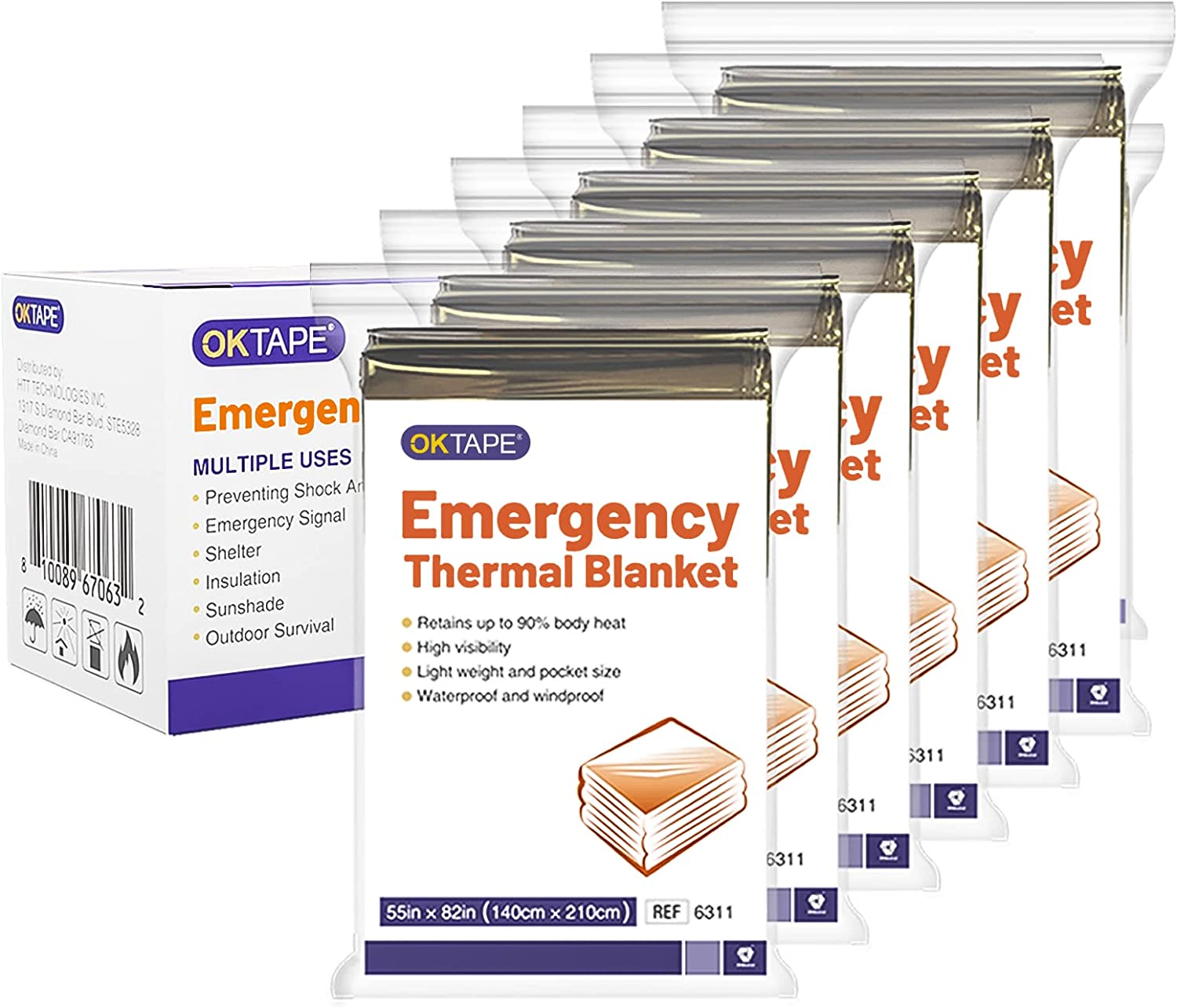 OK TAPE Emergency Thermal Blankets (6 Packs), Space Blanket Survival Gear and Equipment First Aid Kit, Emergency Blanket, Camping Blanket, Outdoors, Hiking, Marathons or First aids