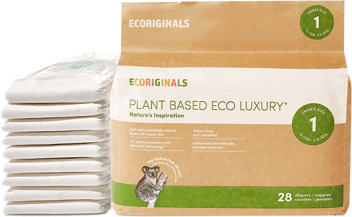 Ecoriginals Eco Disposable Hypoallergenic Diapers | Newborn Plus Baby Size 1, 5-11lbs | 1 Pack, 28 Count | Plant-Based, Non-Toxic