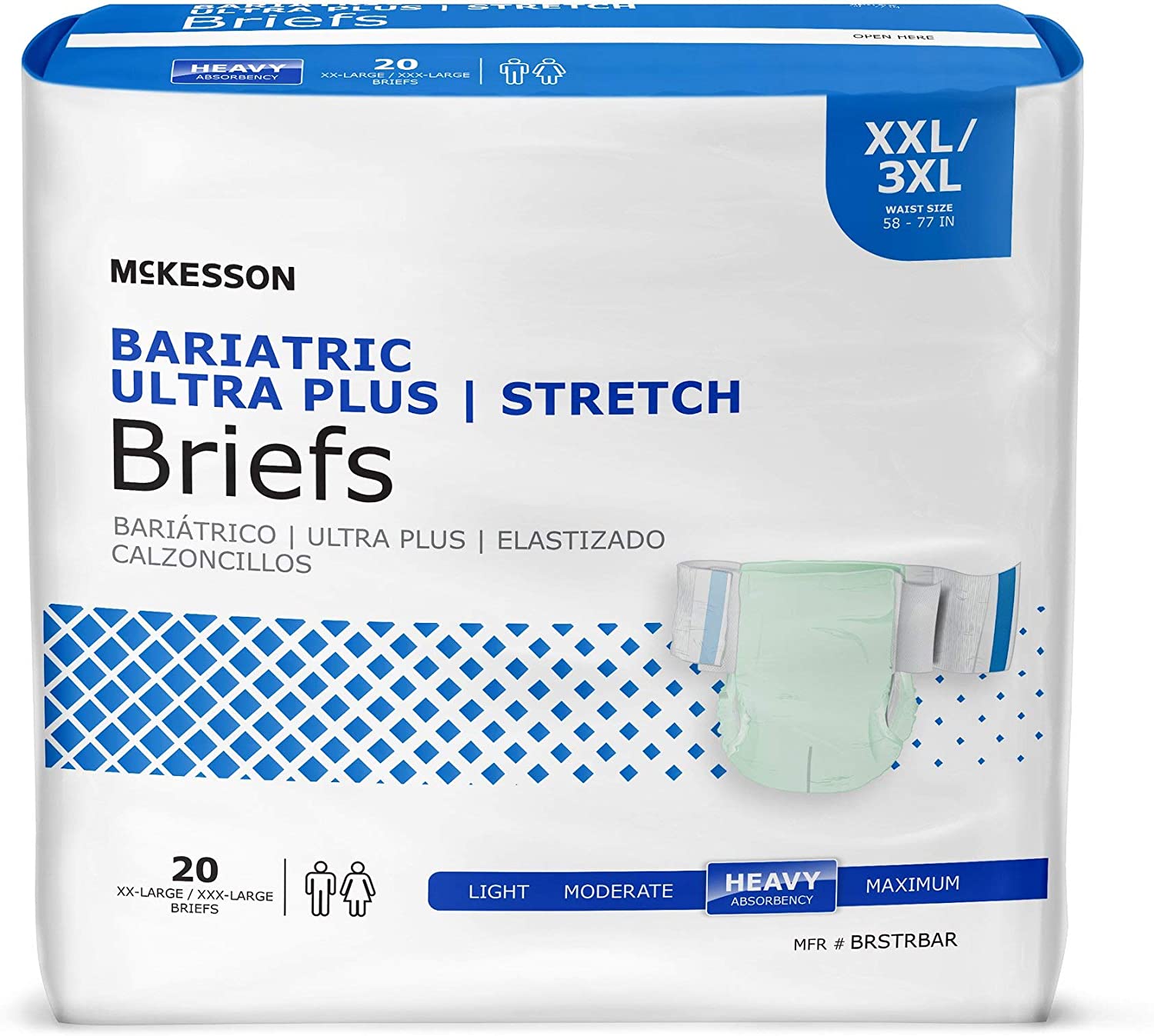 McKesson Bariatric Ultra Plus Stretch Briefs, Incontinence, Adult Unisex, Heavy Absorbency, 2XL / 3XL, 20 Count, 1 Pack