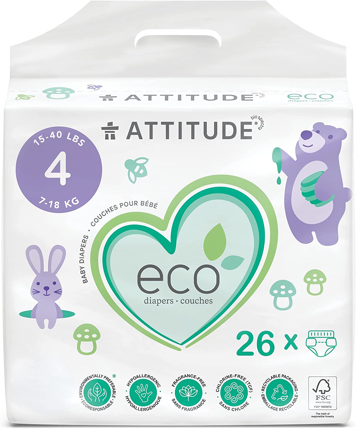ATTITUDE Eco-Friendly Diapers, Non-Toxic, Hypoallergenic, Safe for Sensitive Skin, Chlorine-Free, Leak-Free & Biodegradable Baby Diapers, Plain White (Unprinted), Size 4 (15-40 lbs), 26 Count (16240)