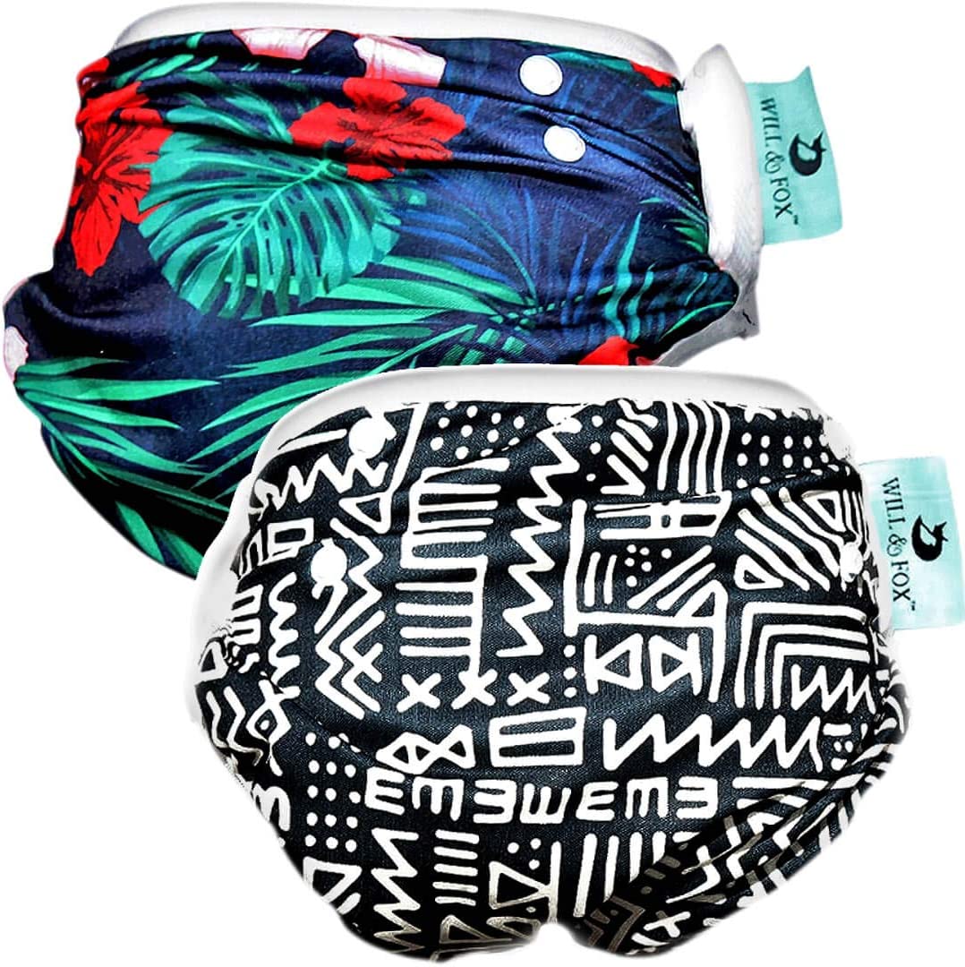 Reusable Swim Diapers for Babies, Infants & Toddlers – Adjustable Boys Swimming Diaper 0-2 Years, Eco-Friendly Washable with Snaps – Zigzag & Hawaiian – 2 Pack by Will & Fox