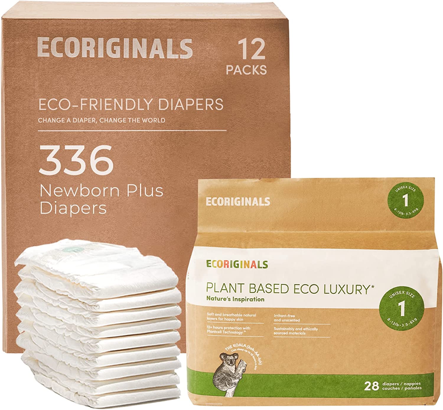 Ecoriginals Eco Disposable Diapers | Newborn Plus Baby Size 1, 5-11lbs | 12 Pack, 336 Count | Plant-Based, Non-Toxic