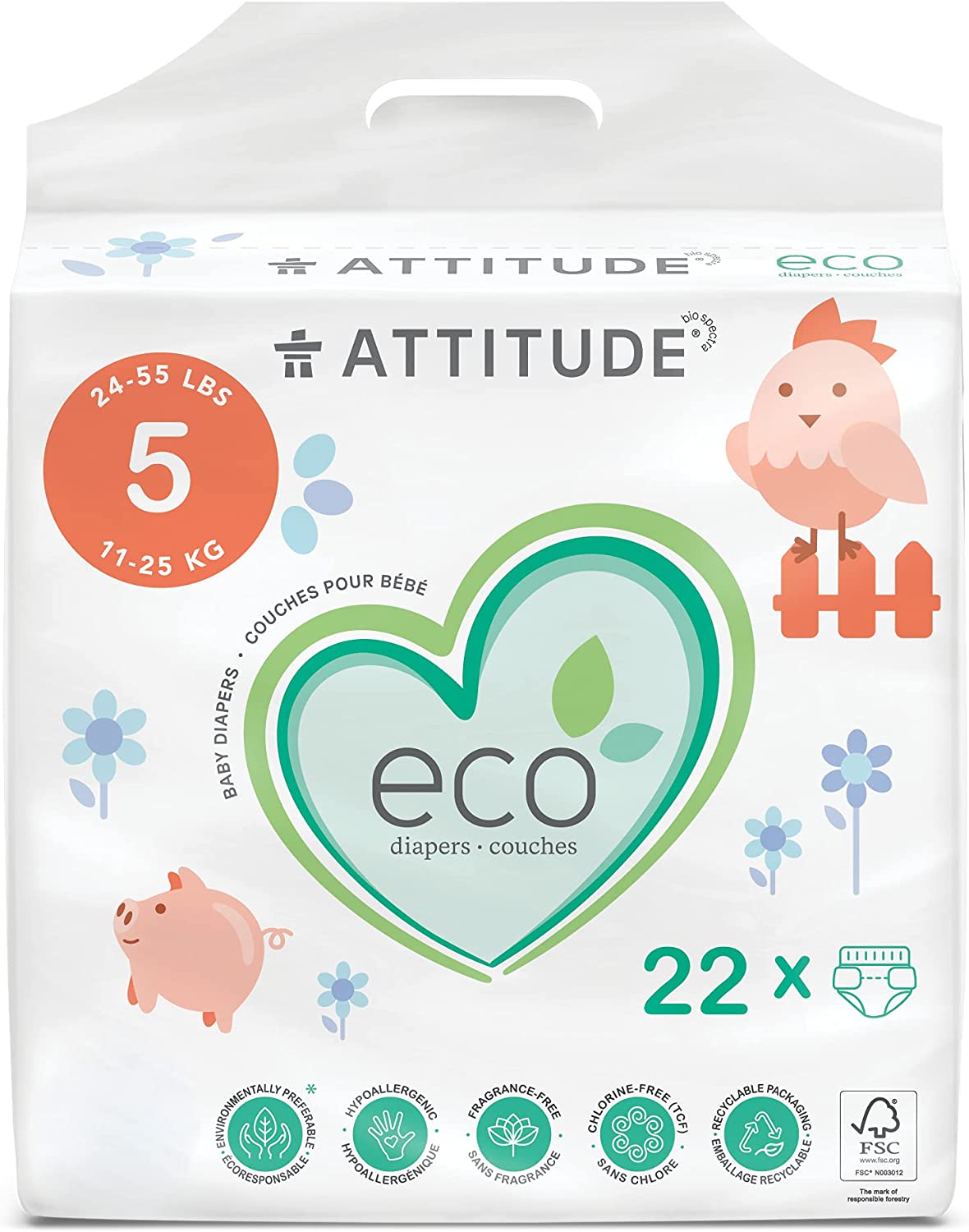 ATTITUDE Disposable Diapers for Sensitive Skin, Hypoallergenic, Chlorine-Free, Dye-Free & Lotion-Free Biodegradable Baby Diapers, Plain White (Unprinted), Size 5 (24-55 lbs), 22 Count